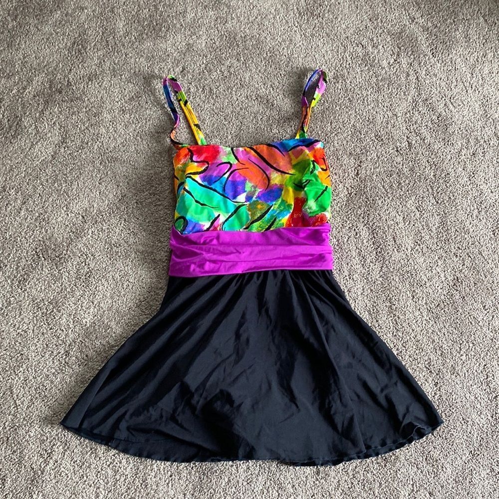 Multicolor Print One-Piece Swimdress with Purple Waistband and Black Skirt